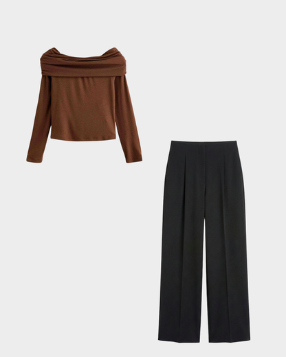 Off Shoulder Top With Pleated Korean Pants Cord Set