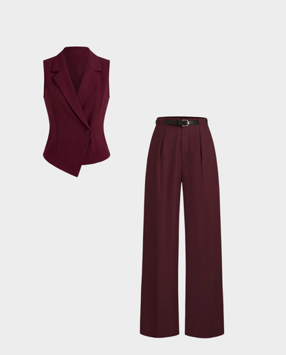 Maroon Vest And Pleated Trousers Set (Belt Included)
