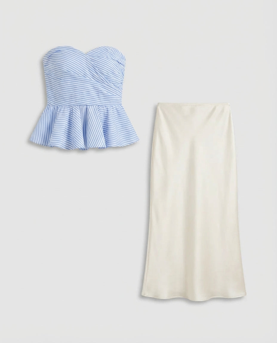Blue Pinstripe Peplum Top With Ivory Satin Skirt