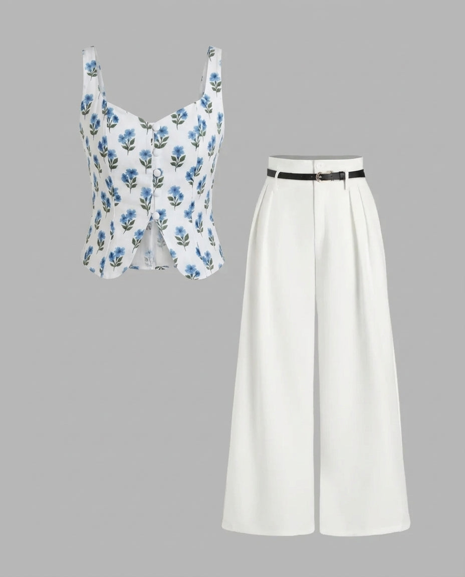 Printed Floral Corset Top With Pleated Korean Pants (Belt Included)