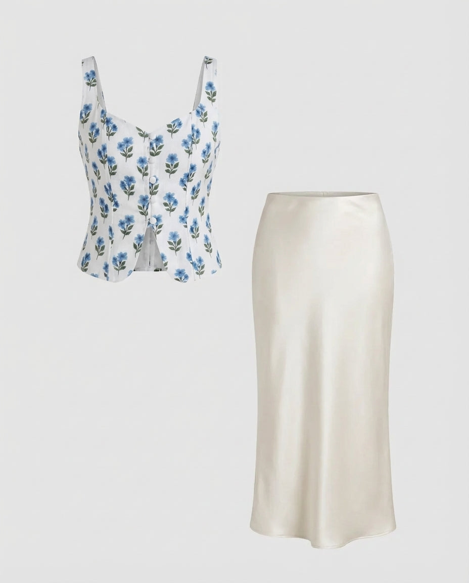 Floral Corset Top With Ivory Satin Skirt