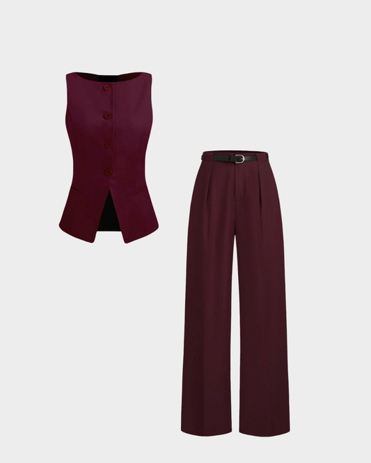 Maroon Boat Neck Slit Waist Coat And Pleated Pants With Belt
