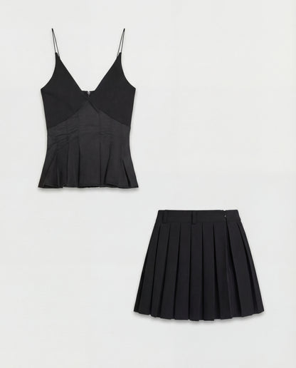 Black Spaghetti Top With Pleated Black Skirt