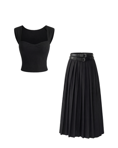 Double Belted Pleated Skirt with Sweet Heart Neck Top Set