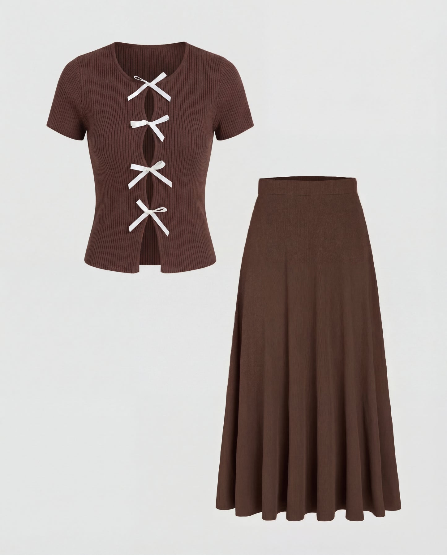 Brown Ribbed Bow Top And Skirt Set