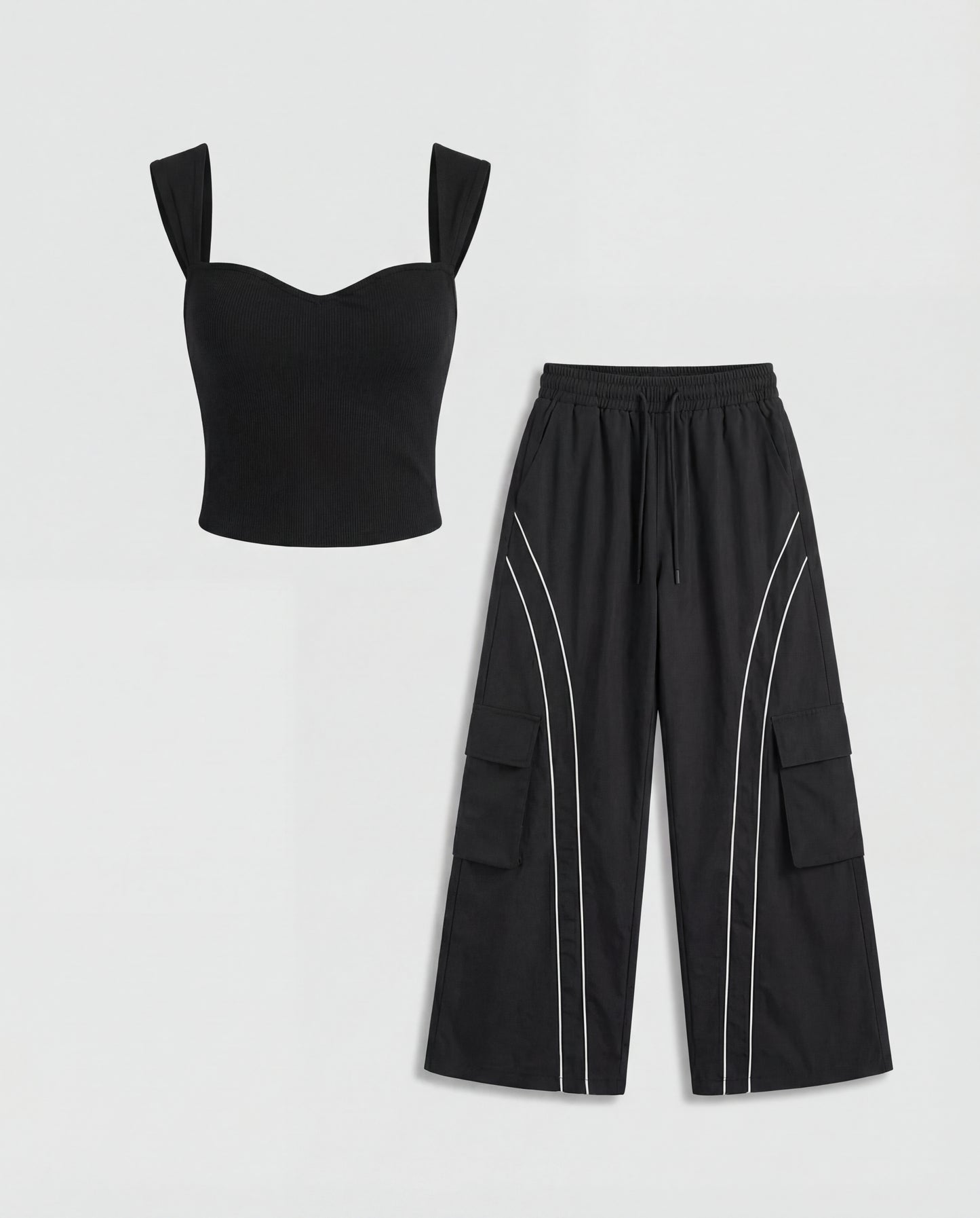 Sweet Heart Neckline Ribbed Top With Stripped Baggy Korean Pants