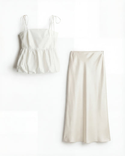 White Bubble Hem Camisole Top With Ivory Satin Skirt