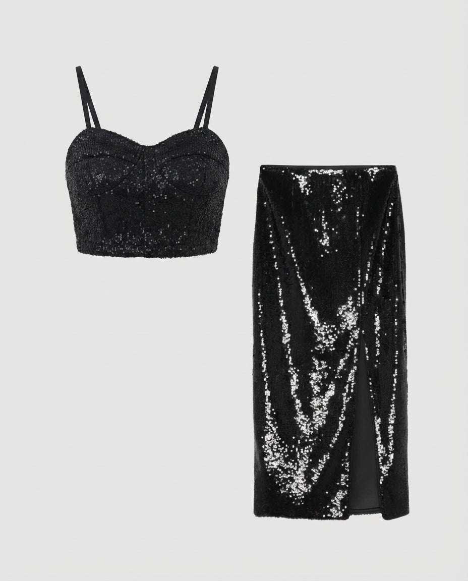 Black Sequin Top and Skirt Coord Set