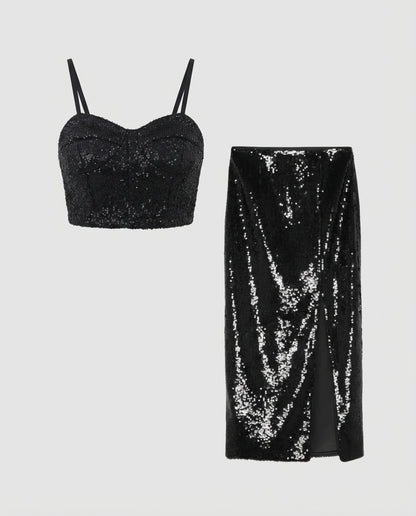 Black Sequin Top and Skirt Coord Set