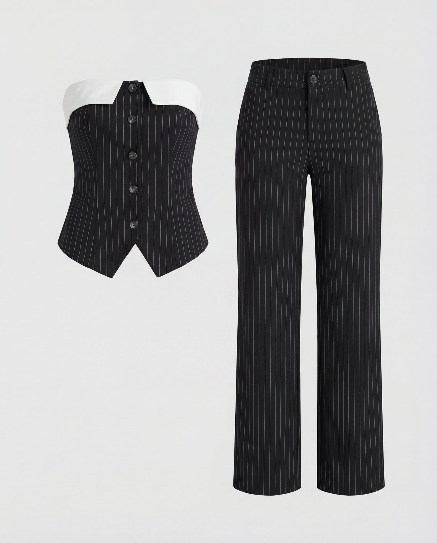 Pinstripes Button-Front Corset Top With Straight Pants