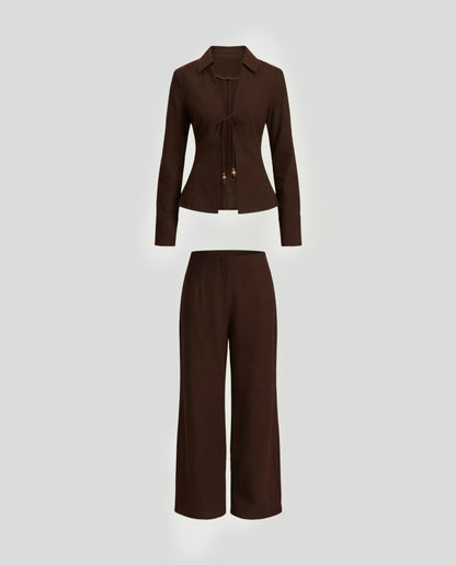 Coffee Tie Up Cotton Top And Pant Co-Ord Set