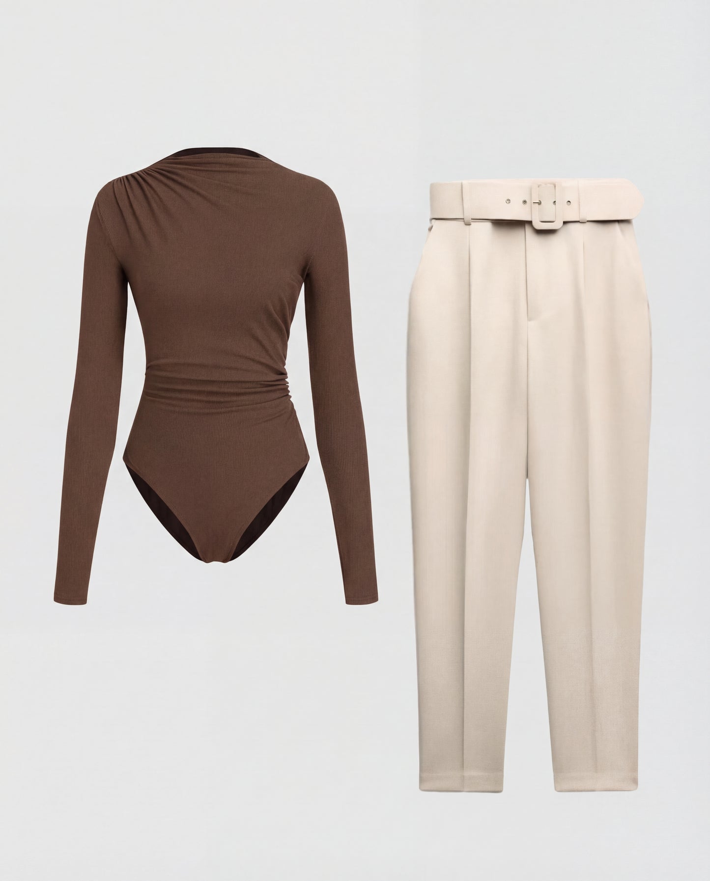 Brown Ribbed Bodysuit with Belted Tapered Pant Set