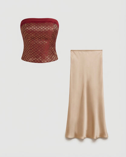 Brocade Corset Top And Champagne Satin Maxi Skirt Set