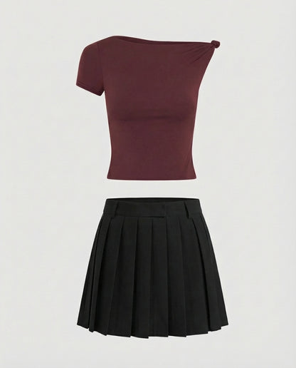 One Shoulder Ribbed Top And Pleated Skirt