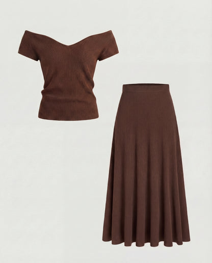 Brown Ribbed Knit Off Shoulder Top And Maxi Skirt Set