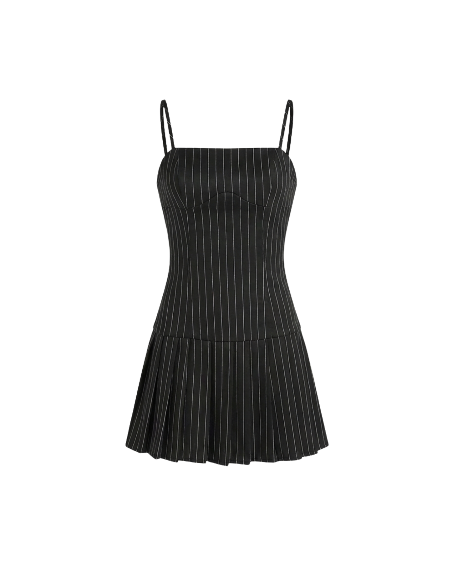 dresses,dresses,minimal, statement,summer, streetwear,woven,cotton,black,pinstripe,pleated,regular fit,sheath dress,mini,cami neck,shoulder strap,sleeveless,PINSTRIPE CONTRAST WAIST SPLIT DRESS,OY1602,25010050GG
