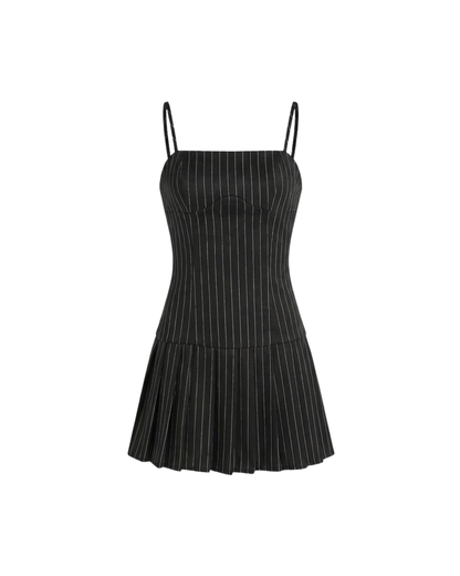 dresses,dresses,minimal, statement,summer, streetwear,woven,cotton,black,pinstripe,pleated,regular fit,sheath dress,mini,cami neck,shoulder strap,sleeveless,PINSTRIPE CONTRAST WAIST SPLIT DRESS,OY1602,25010050GG