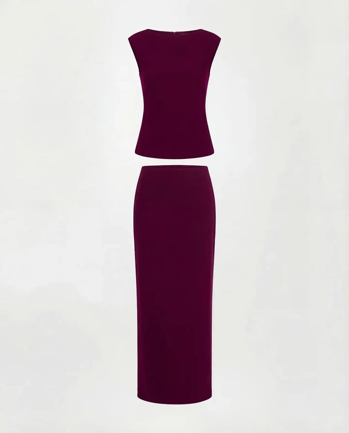 Ribbed Top And Skirt Set - Wine