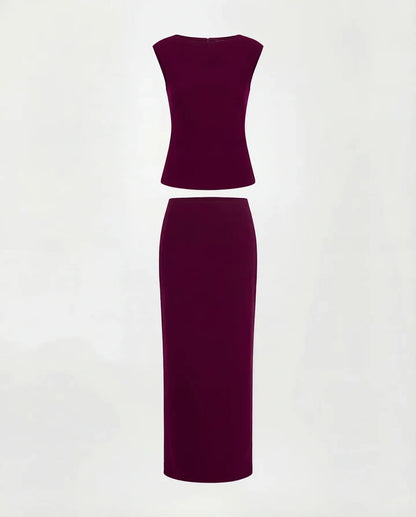 Ribbed Top And Skirt Set - Wine