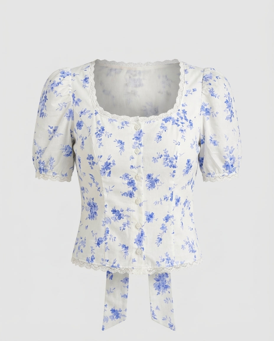 White Florals Lace-Trim Fitted Button-Up Top