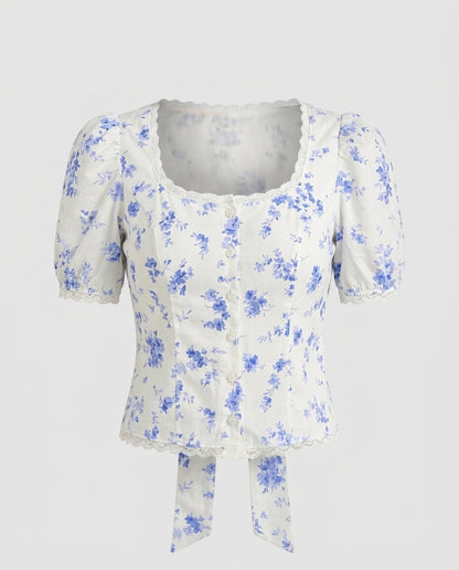 White Florals Lace-Trim Fitted Button-Up Top