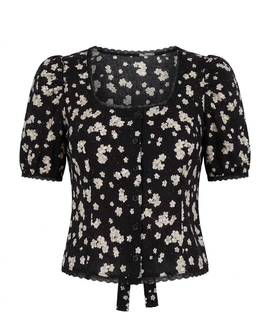 Black Florals Lace-Trim Fitted Button-Up Top