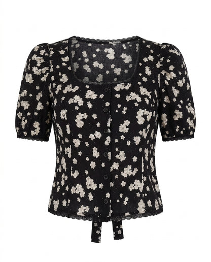 Black Florals Lace-Trim Fitted Button-Up Top