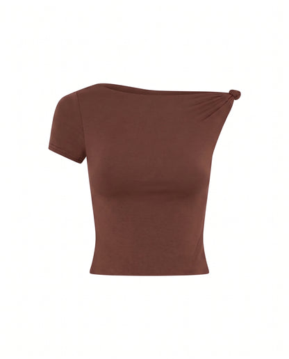 Brown Shoulder Knot Up Fitted Top