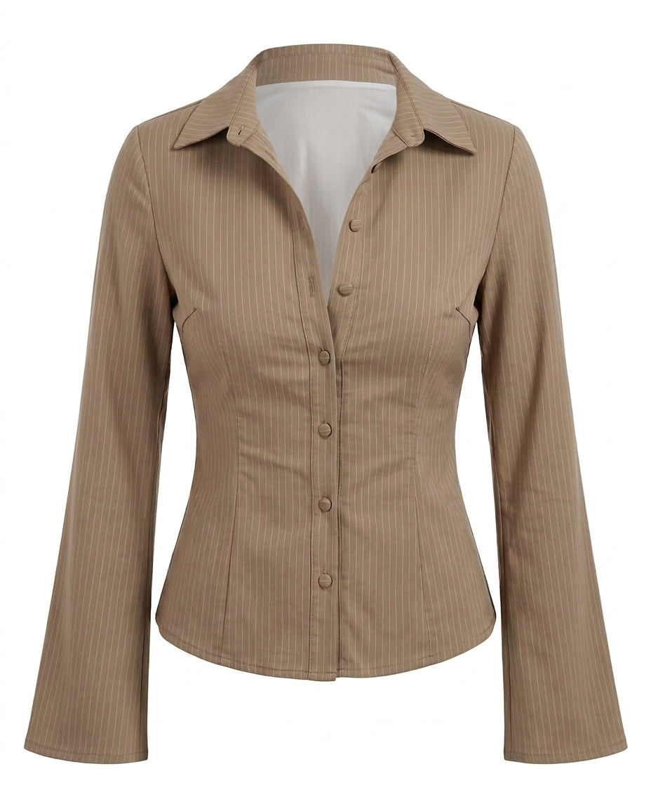 Beige Pinstripes Flared Sleeves Shirt