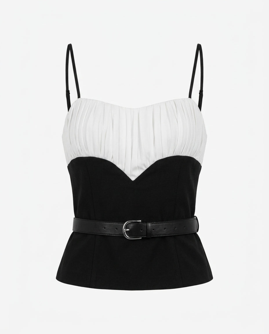 Black And White Ruched Detail Cami Top