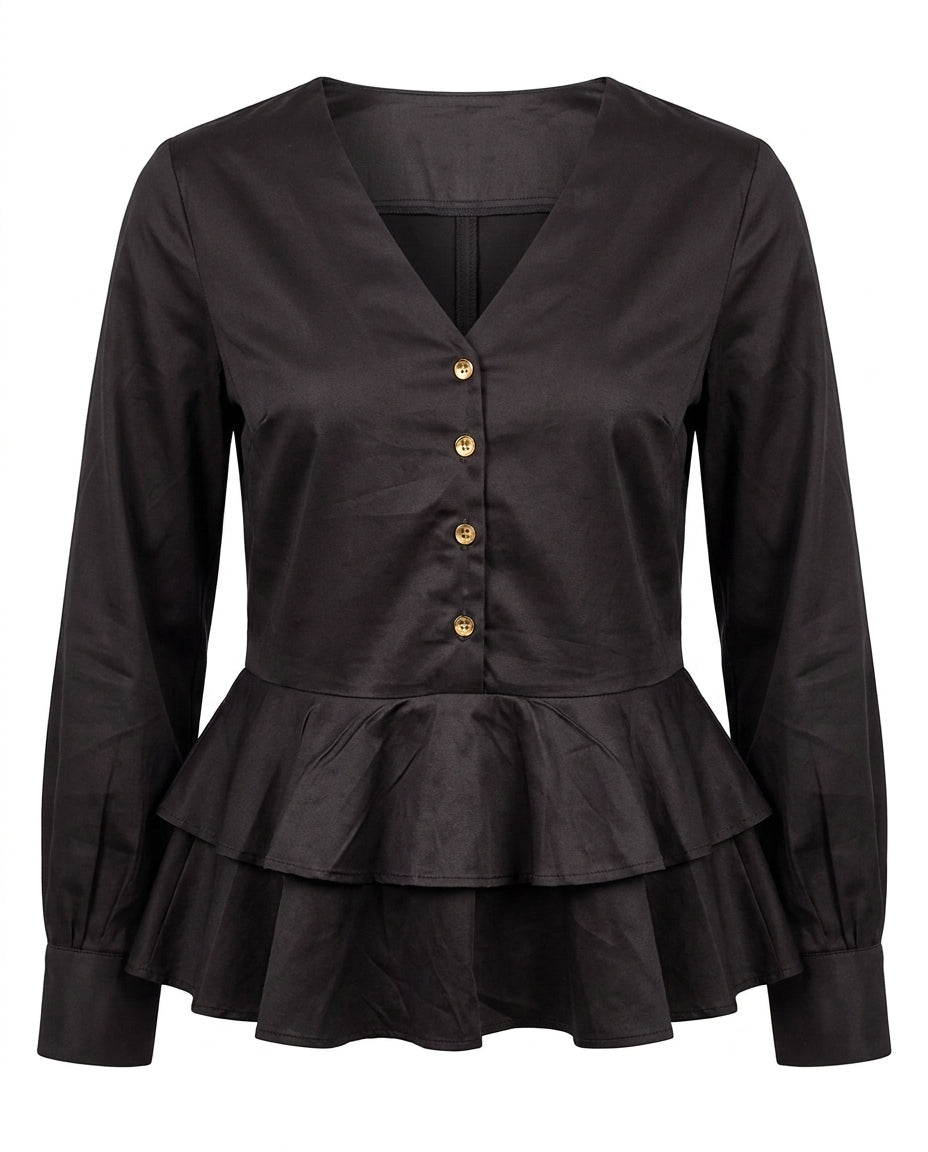 Peplum V-Neck Cotton Top - Black