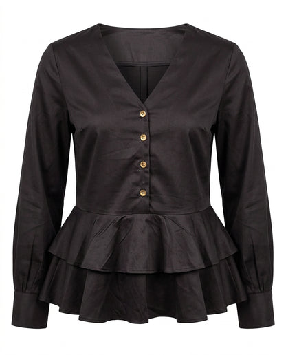 Peplum V-Neck Cotton Top - Black