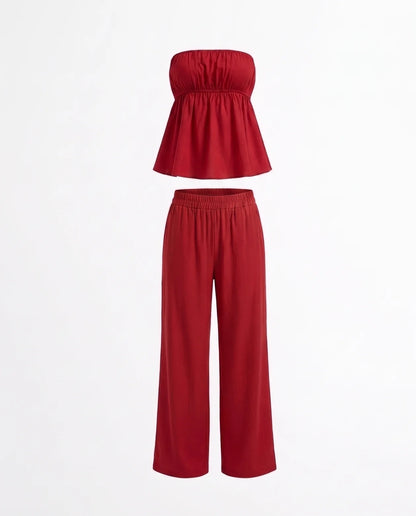 Cherry Red Bandeau Top And Pants Co Ord Set