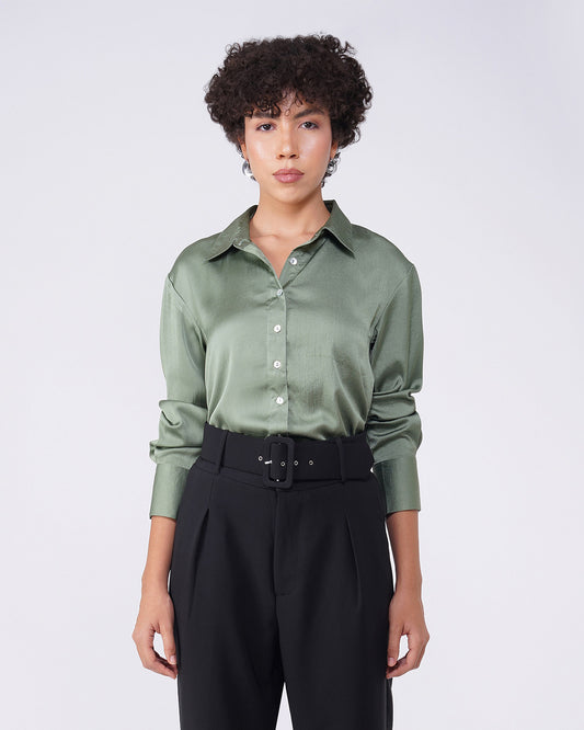 solid-satin-shirt-green,SOLID SATIN SHIRT,topwear,shirts,outdoor events,minimal,woven,satin,green,solid,regular fit,regular,shirt collar,cuff sleeves,long sleeves