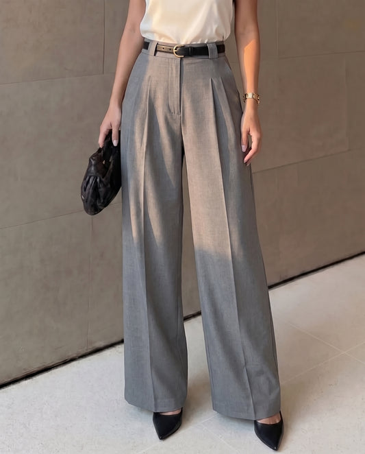 Pleated Pants With Belt - Grey