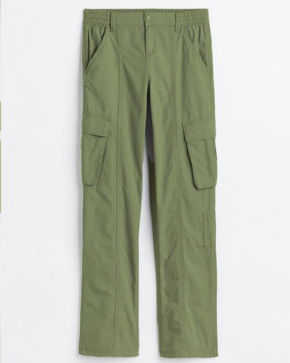 MID RISE STRAIGHT FIT CARGO,bottomwear, cargos, casual, cotton, full length, high rise, olive green, straight fit, streetwear, summer, utility pocket, woven,cargo-wide-leg-trouser-1-green,Length - Full length Waist - Mid-rise waist Fit - Wide leg fit Color - GreenNo. of Pockets - 4Material - Cotton BlendClosure - Zip, button, 24020062AB, OY1230