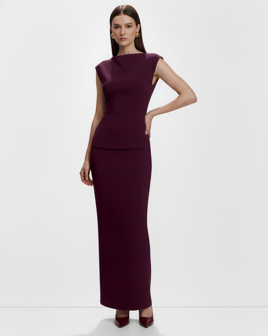 coord sets,bottomwear, topwear,semi-formal, outdoor events, casual chic, summer,urban fit, genz, minimal,knitted,kenzo ribbed,,,dark brown,solid,,,,,slim fit top,fitted top,waist length top,slit hem,boat neck,no straps,sleeveless,sleeveless,slip on top,skirts,straight skirt,maxi length,straight hem,mid rise waist,no pockets	,OY3043, 25070016GG