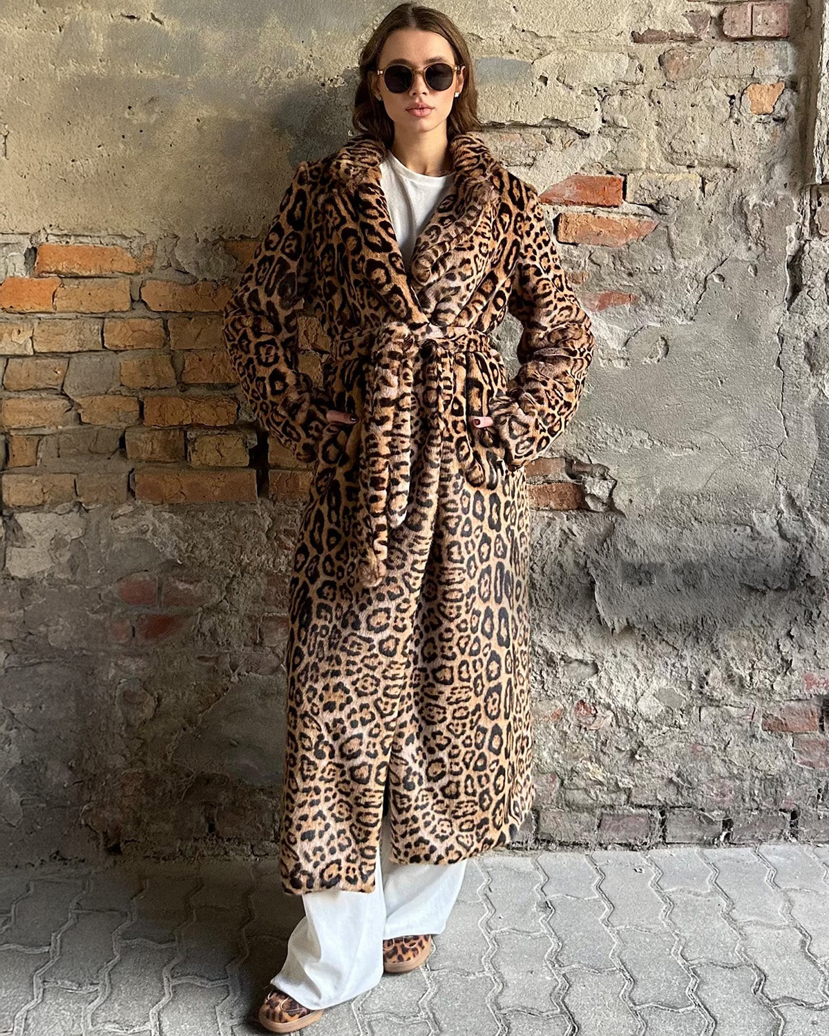 Vintage Leopard Print Fur Coat with Fur Belt
