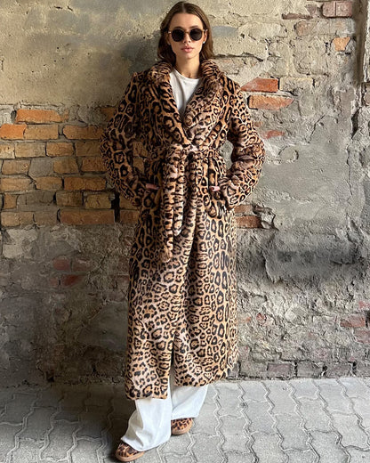 Vintage Leopard Print Fur Coat with Fur Belt