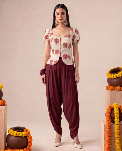 Paro Puff Sleeve Block Print Top - Off White