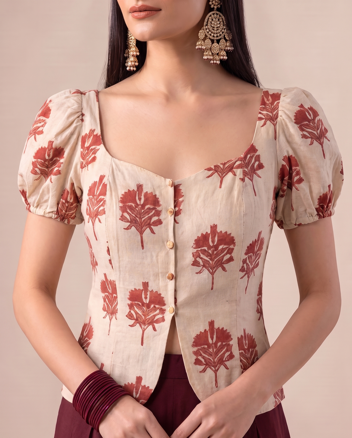 Paro Puff Sleeve Block Print Top - Off White