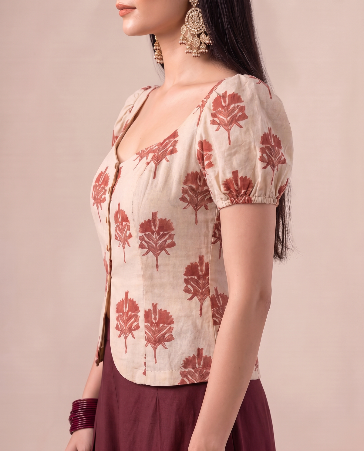 Paro Puff Sleeve Block Print Top - Off White