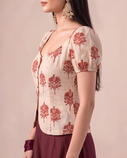 Paro Puff Sleeve Block Print Top - Off White