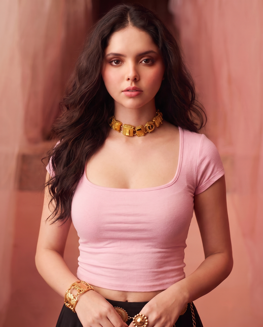 Pink Square neck Ribbed Top