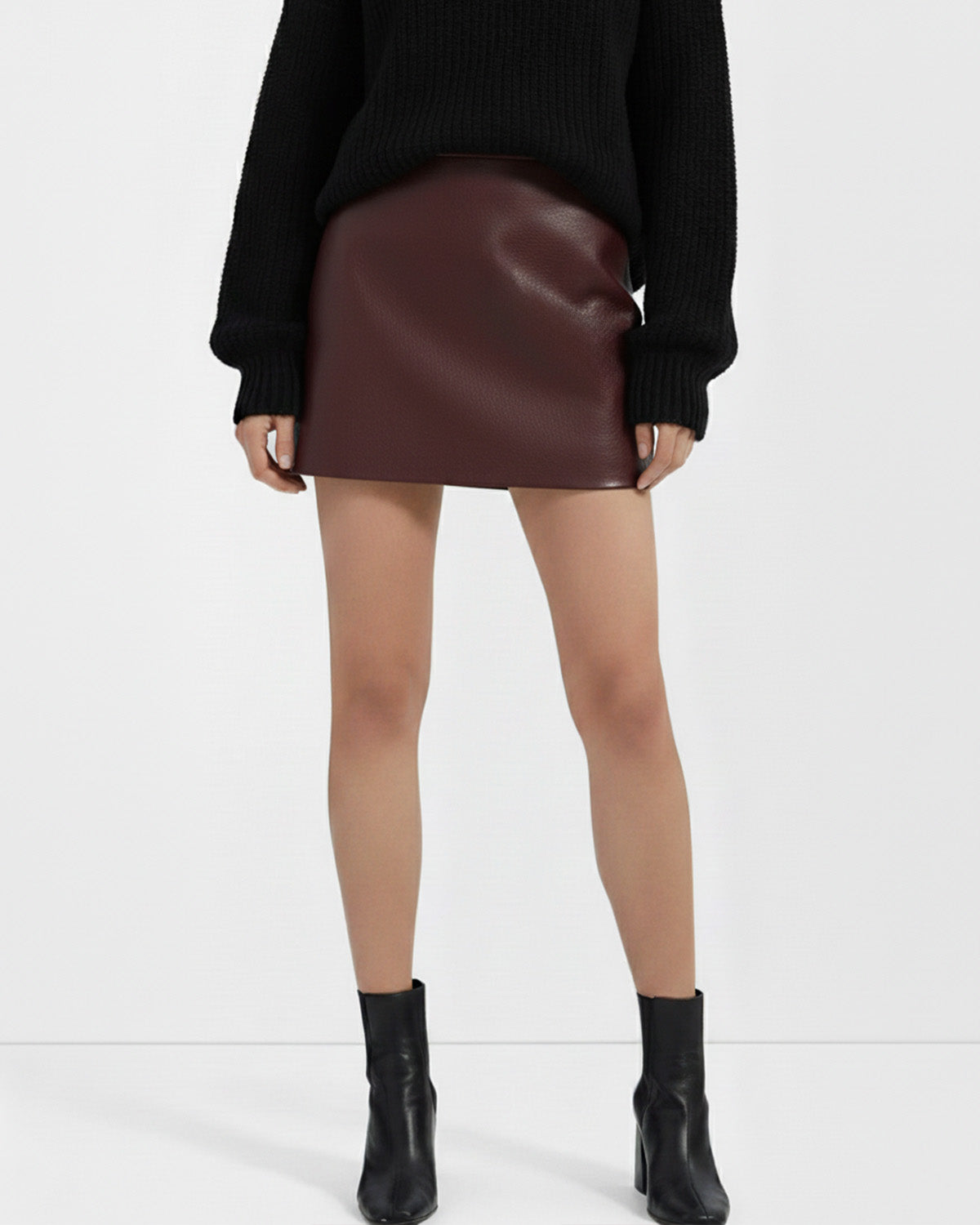 Leather Burgundy Textured A-Line Mini Skirt