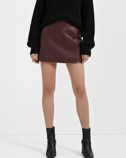 Leather Burgundy Textured A-Line Mini Skirt