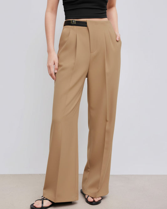 Belt Detail Pleated Wide Leg Pants