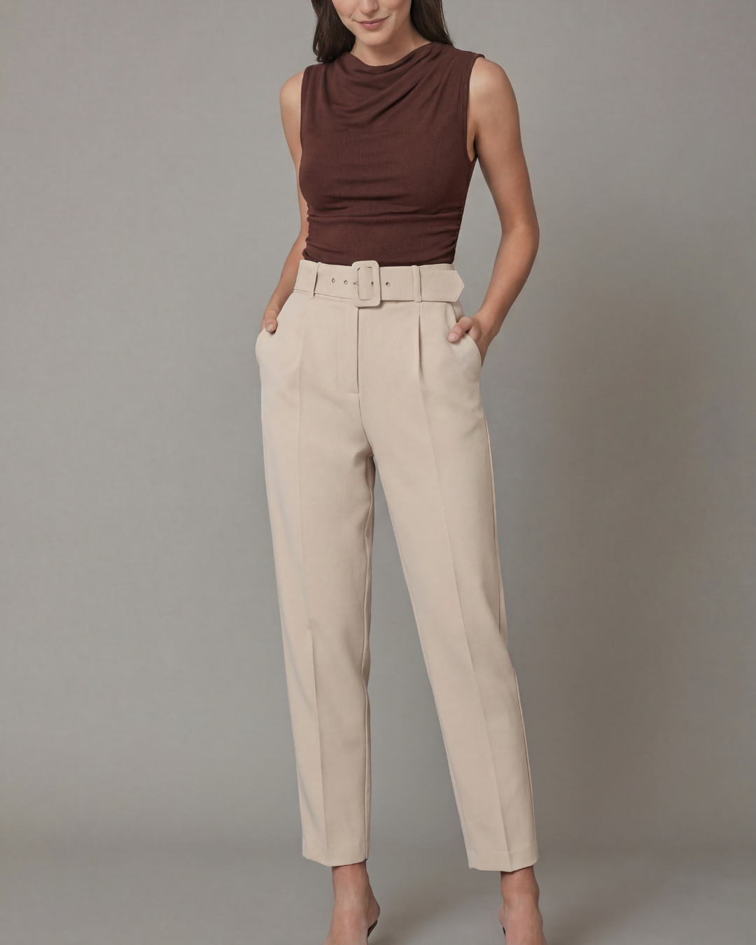 Brown Cowl Neck Ribbed Top And Beige Belted Tapered Pants Set
