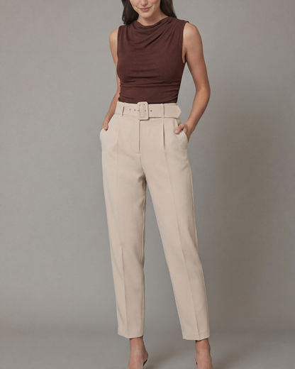 Brown Cowl Neck Ribbed Top And Beige Belted Tapered Pants Set