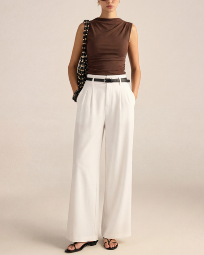 Brown Cowl Neck Ribbed Top And White Pleated Pants Set (With Belt)